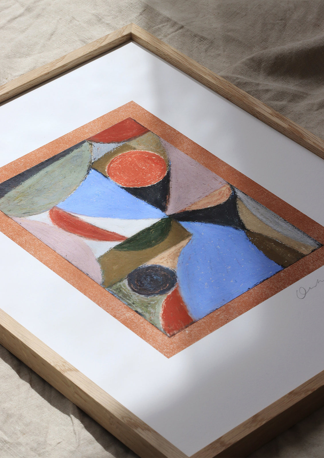 An abstract art print with pastels medium, abstract formation of shapes in midcentury modern color palette.