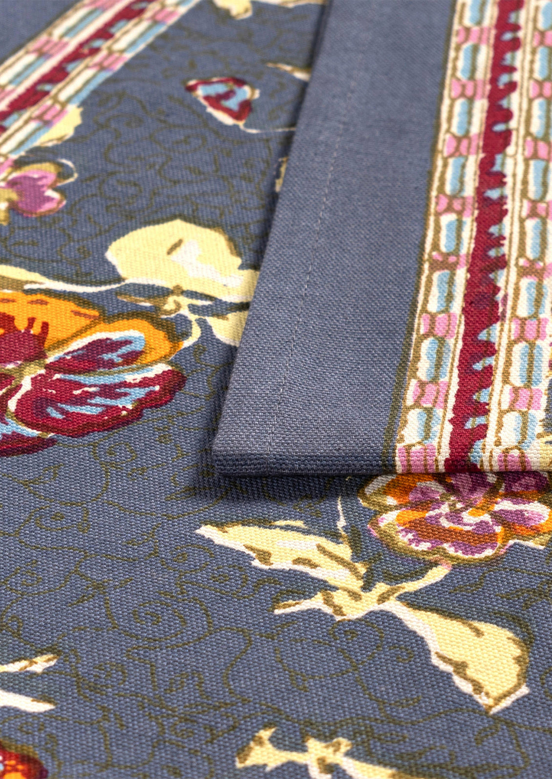 Close-up of floral-patterned fabric with a border