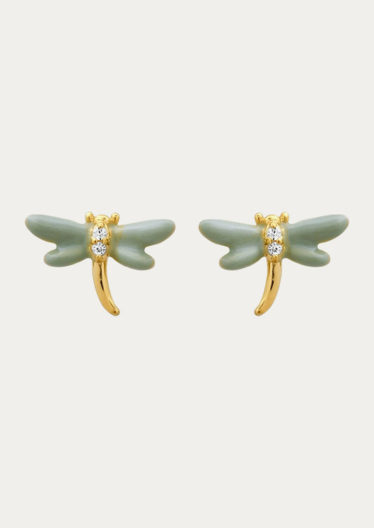 A pair of small blue dragonfly stud earrings.