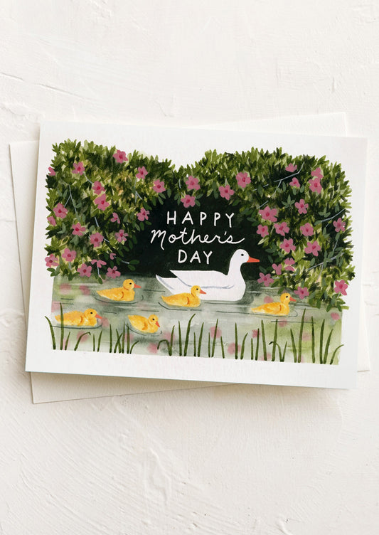Mother's Day card with ducks and flowers on a white background