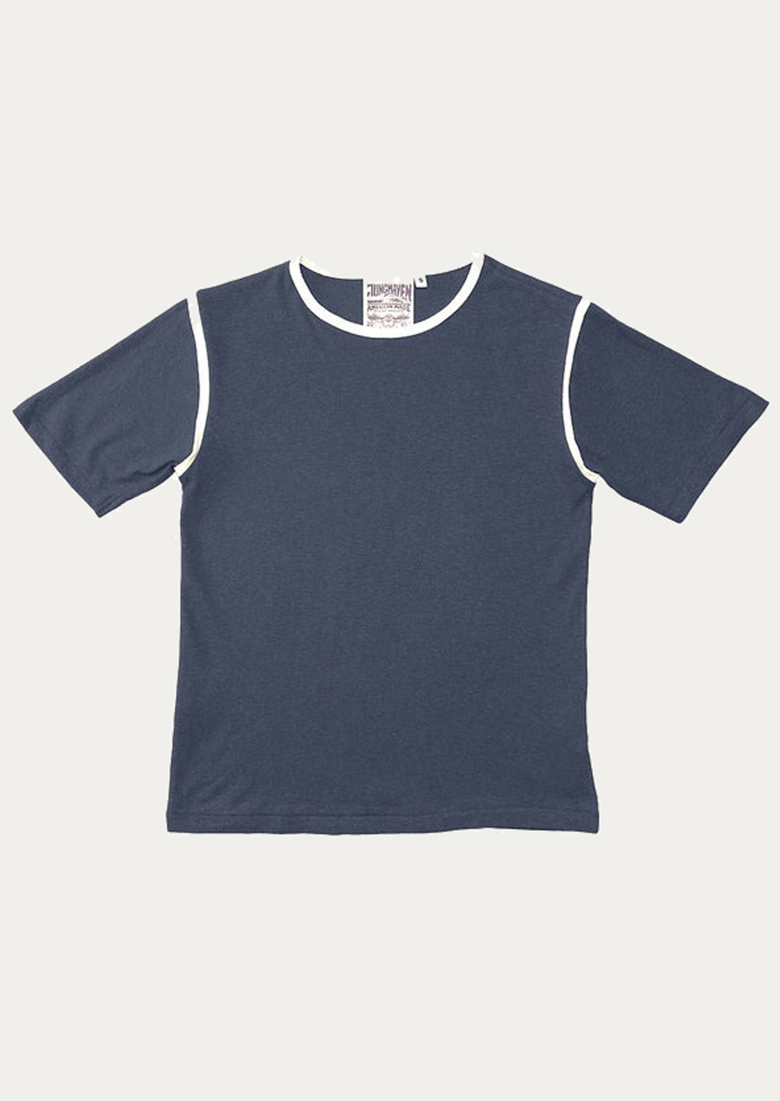 Navy blue t-shirt with white trim on a light gray background