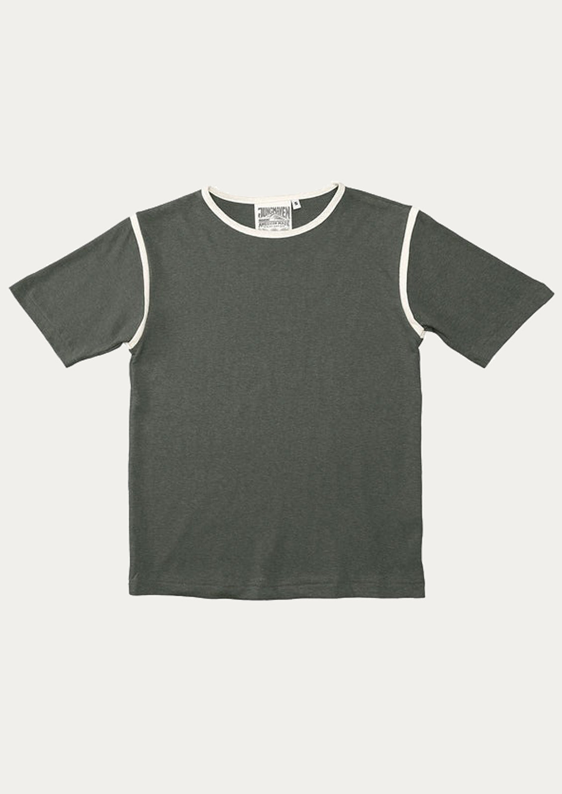 Olive green t-shirt with white trim on a light gray background