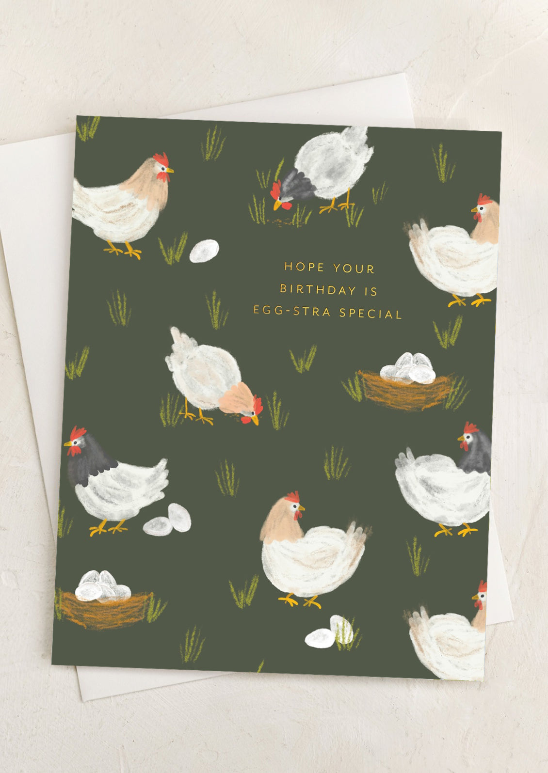 A chicken print card reading "Hope your birthday is egg-stra special".