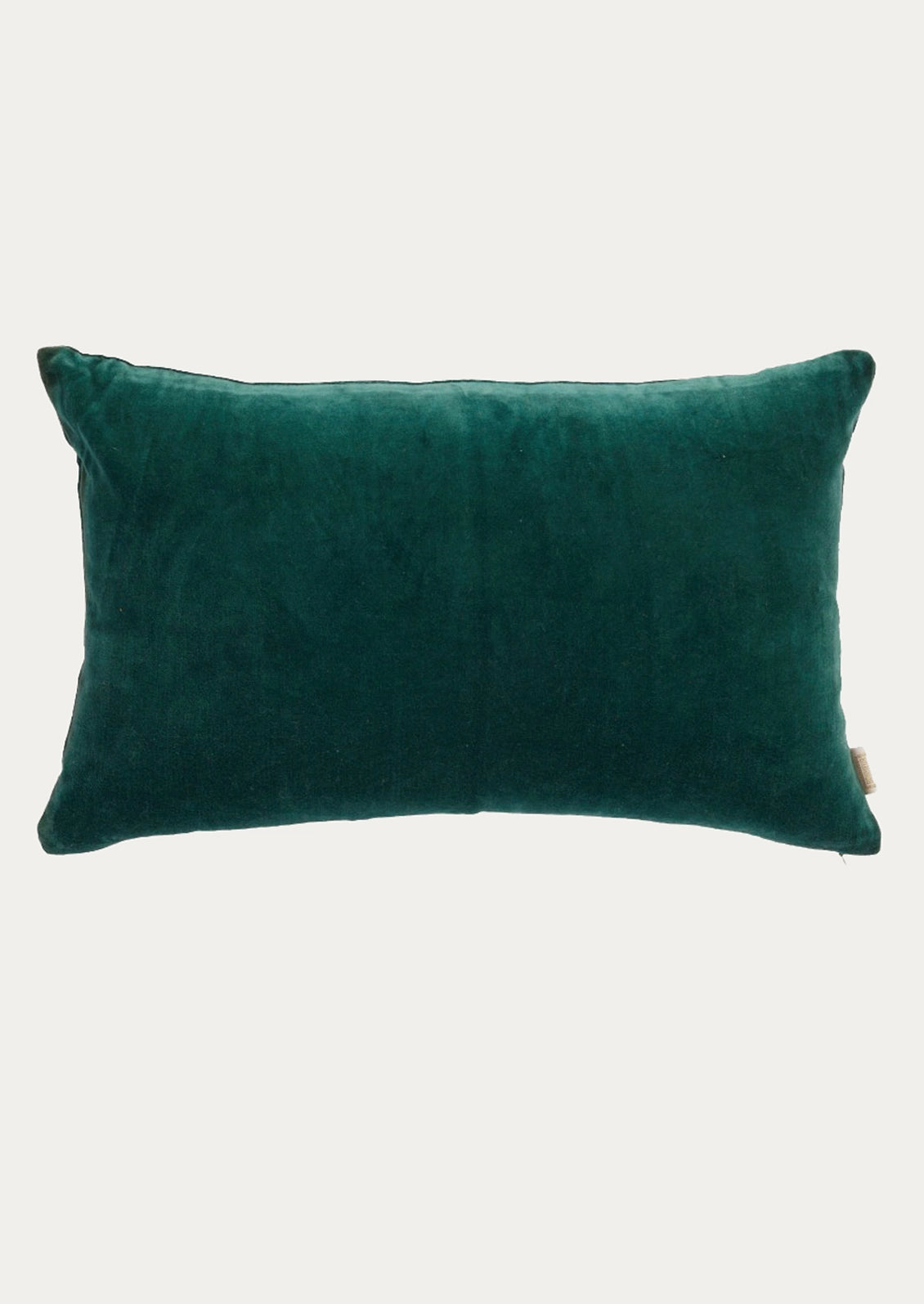 A rectangular emerald green velvet lumbar pillow.