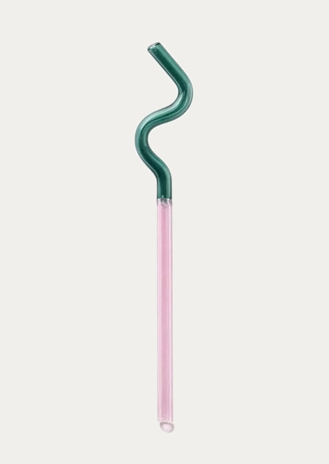 A single translucent glass straw with a dark green bent upper section and a pale pink lower section, shown on a plain light gray background.