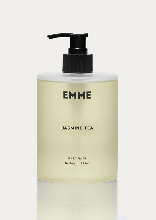 Hand wash bottle labeled 'EMME Jasmine Tea' on a light background