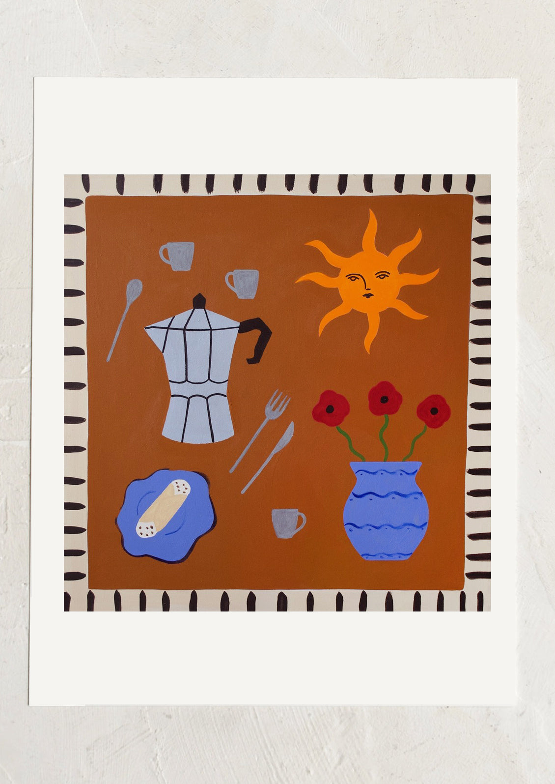 An art print of an illustration of coffee themed items.