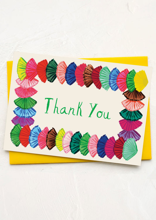 Colorful 'Thank You' card with paper flower design on a white background
