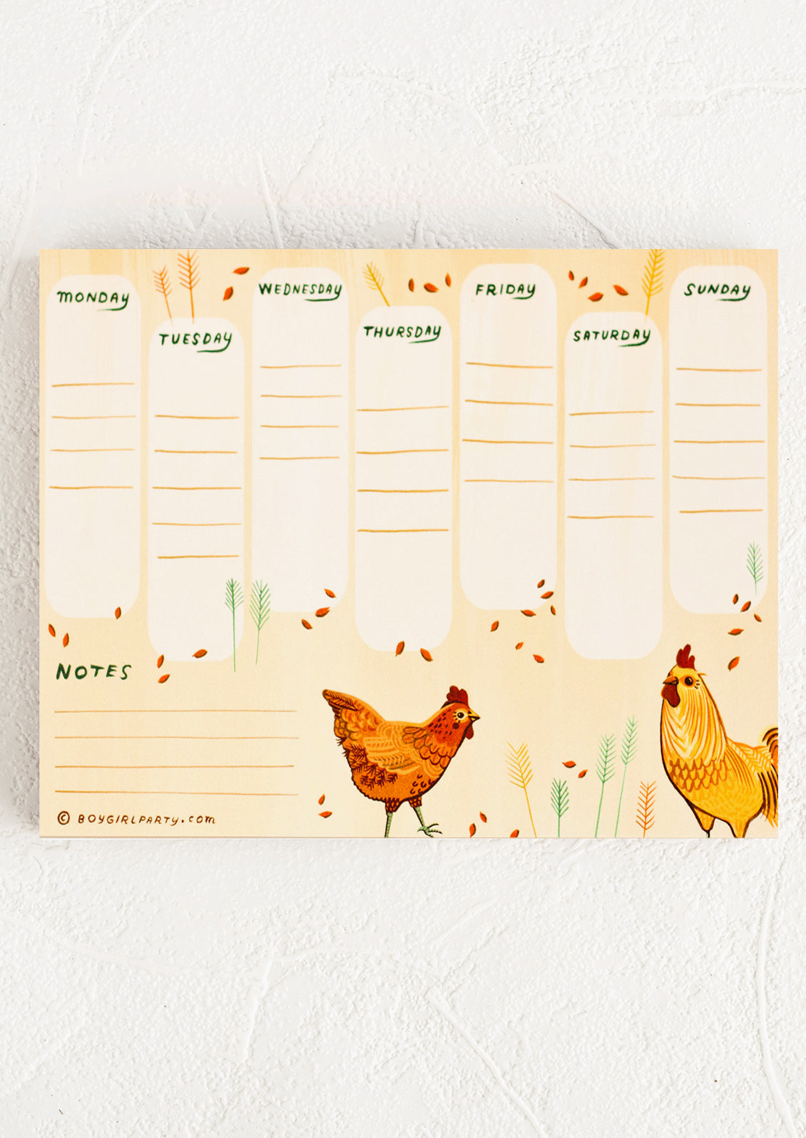 Weekly planner with chicken design on a white background
