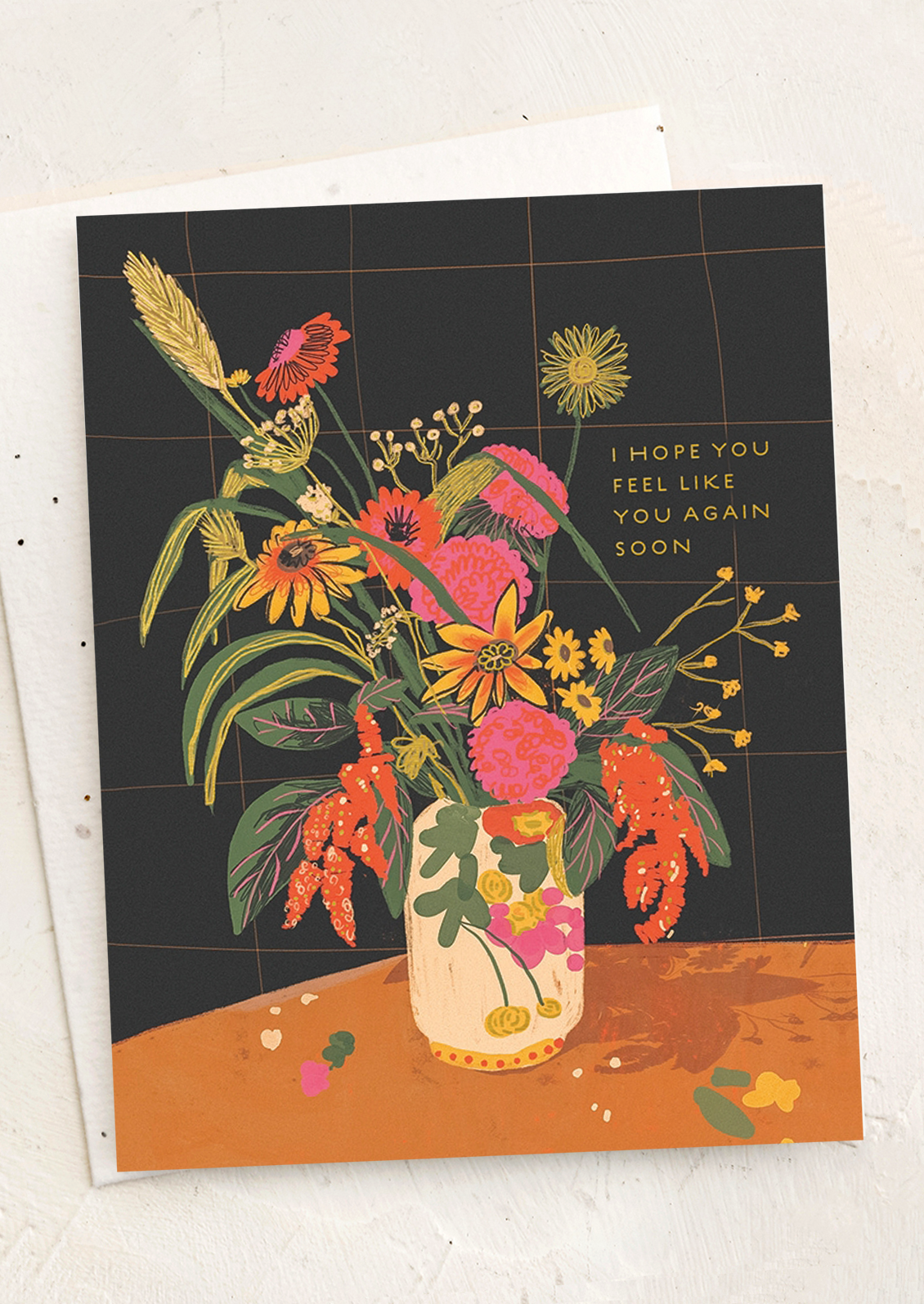 Floral illustration with a vase on a dark background and text message.