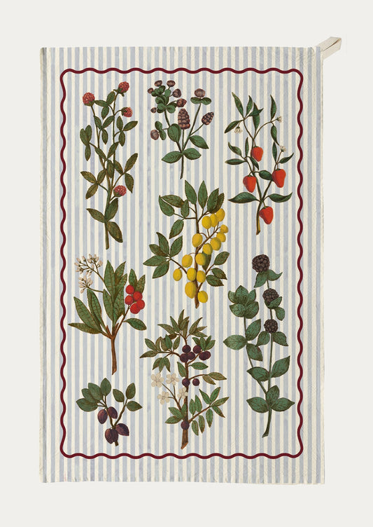 Tea towel with botanical designs on a striped background