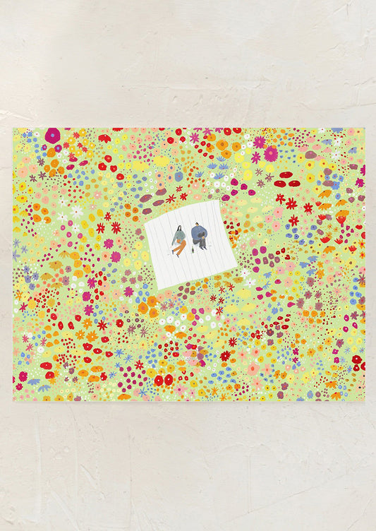 Floral-patterned art print with a couple illustration.