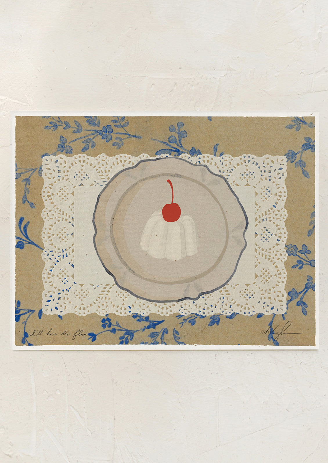 An art print of an illustration of flan on a plate and doily, with blue floral background.