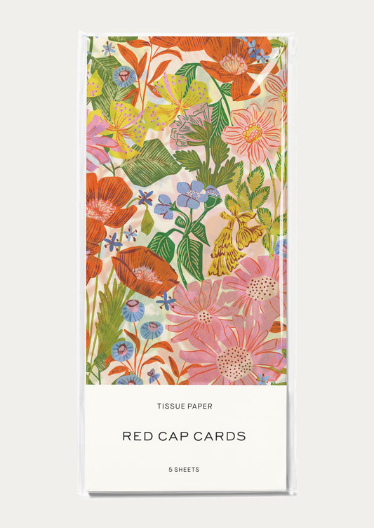Floral tissue paper packaging with 'Red Cap Cards' branding on a white background