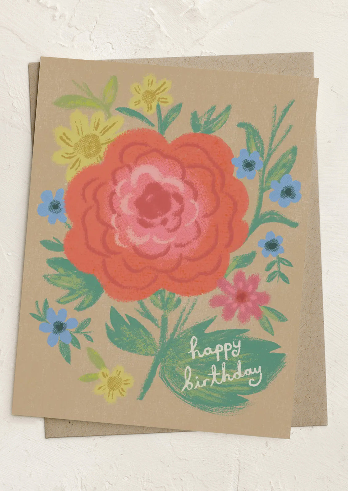 Floral birthday card with a large orange flower and 'happy birthday' text on a kraft paper background.