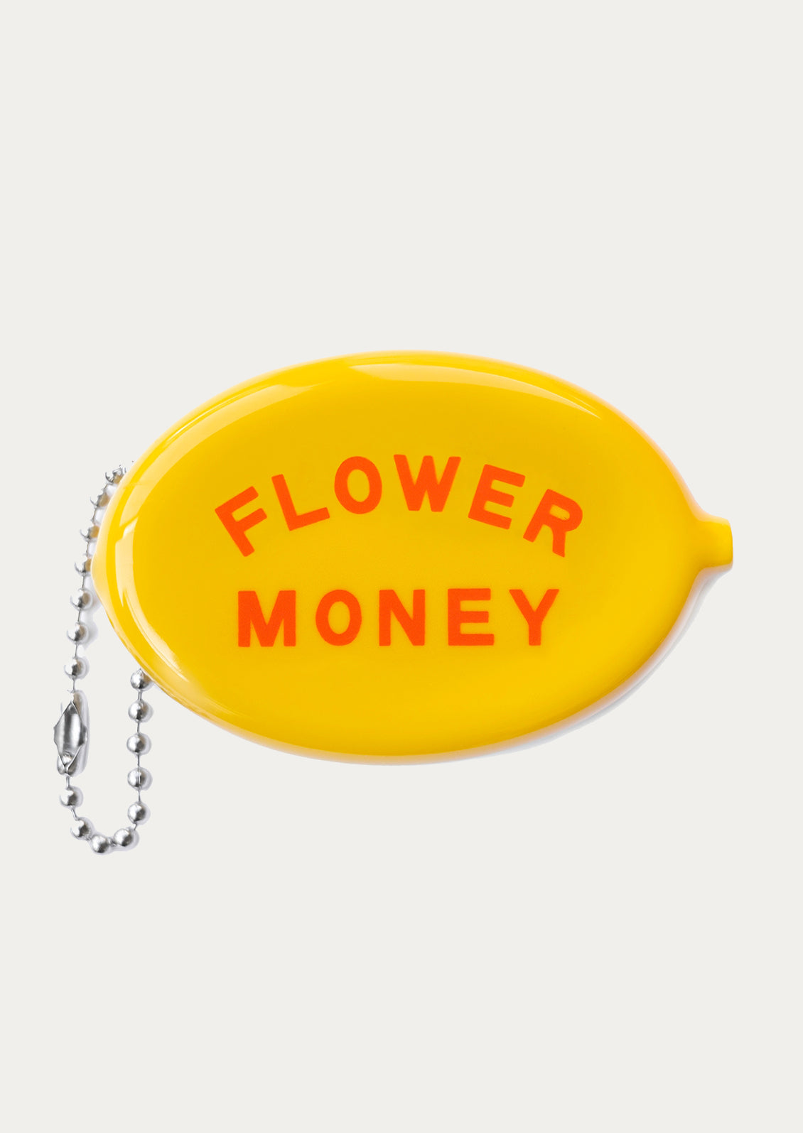 Yellow coin purse with 'FLOWER MONEY' text on a white background
