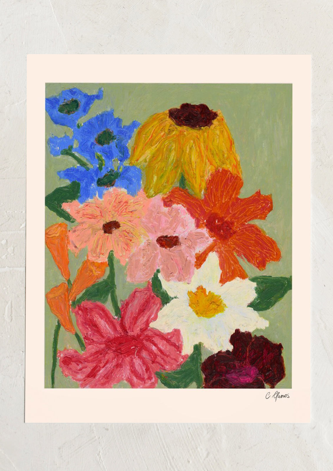 An art print of painterly flowers on a sage green background, bordered by cream.