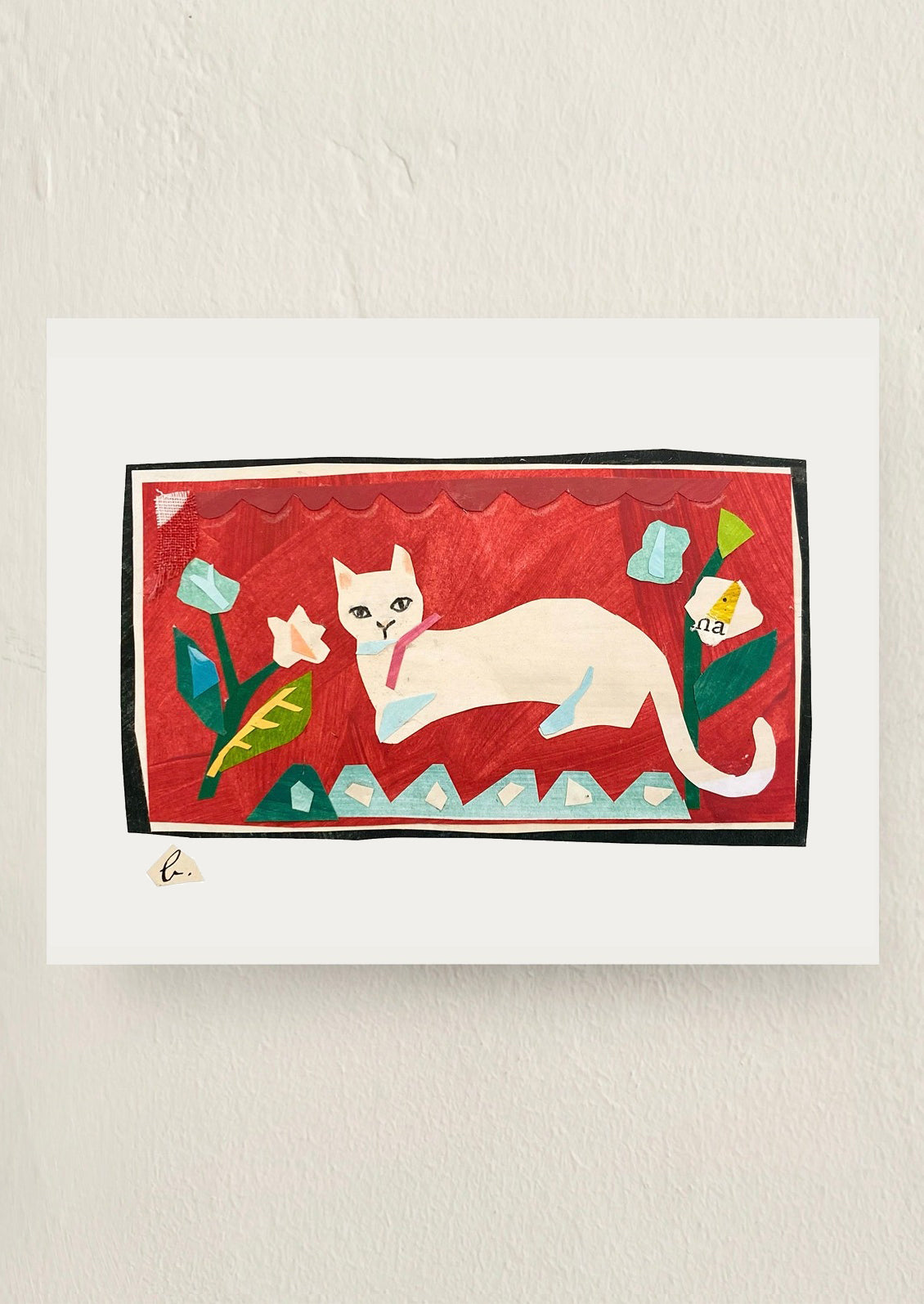 Decorative wall art with a cat illustration on a red background