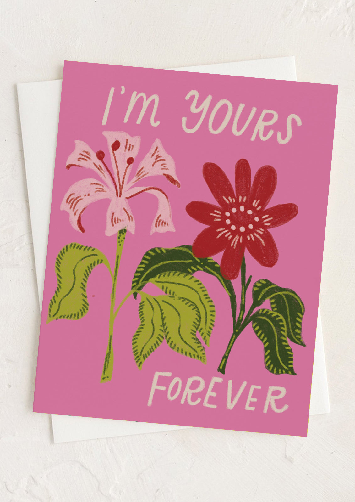 Card with floral design and text 'I'm yours forever' on a pink background