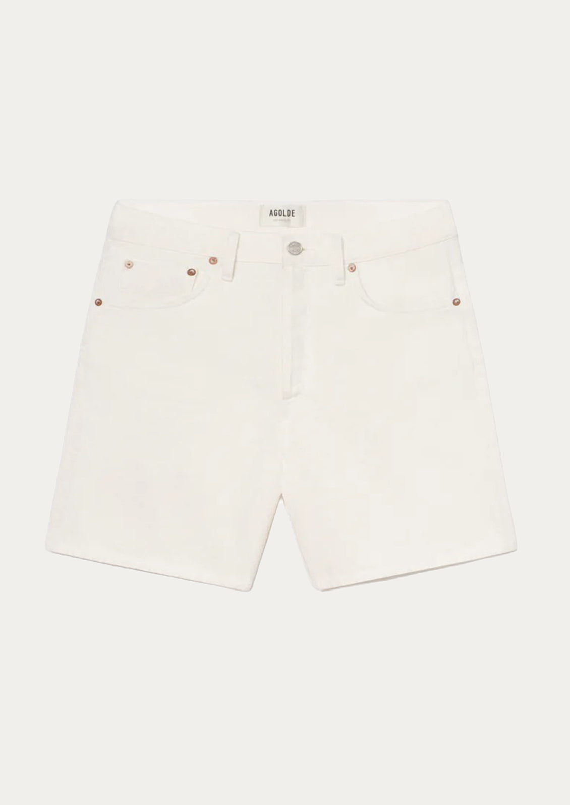 A pair of relaxed denim shorts in white.