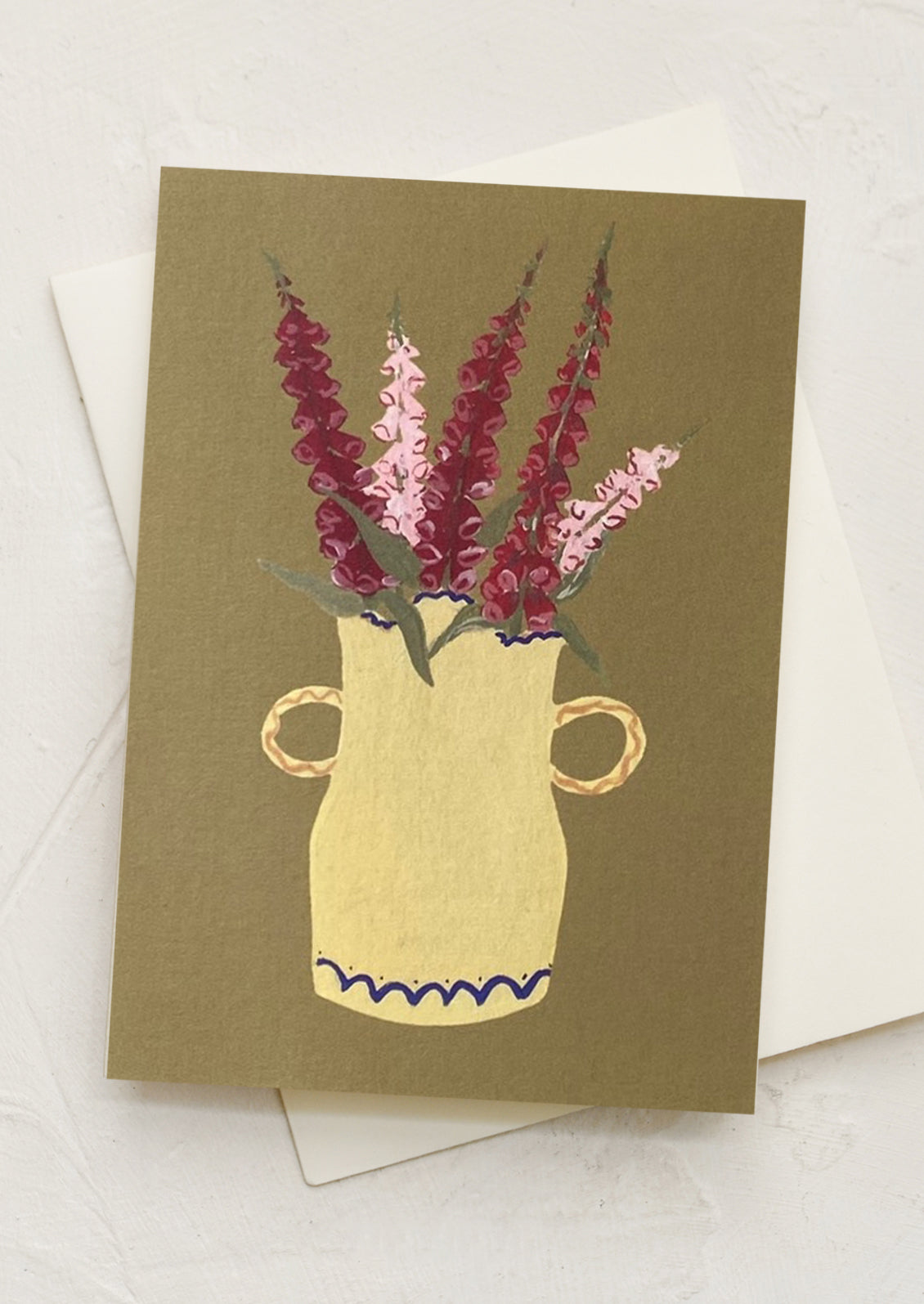 A mini greeting card in olive green with illustration of foxglove flowers in pot.