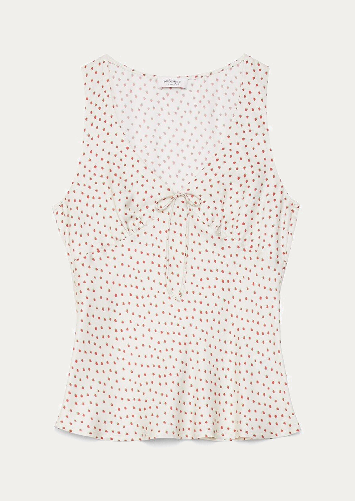 A v-neck blouse in cream with small strawberry print.