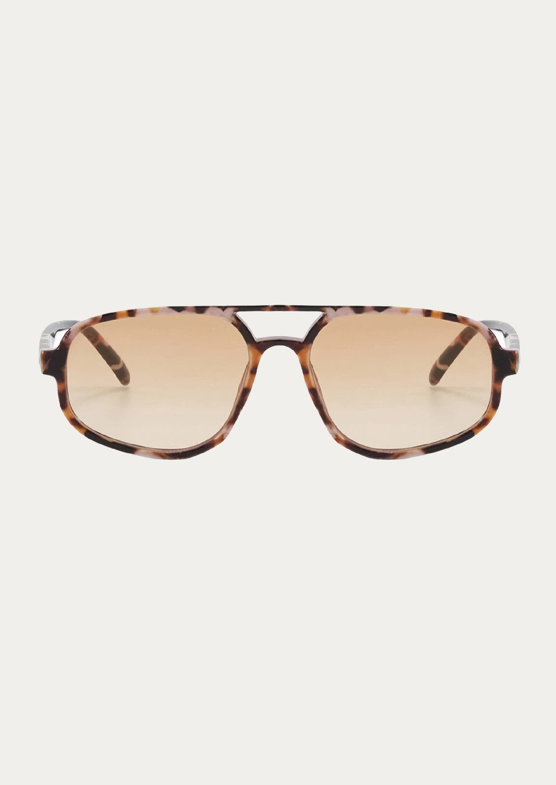 A pair of aviator style sunglasses with a marble tortoise frame and light brown tinted lenses.