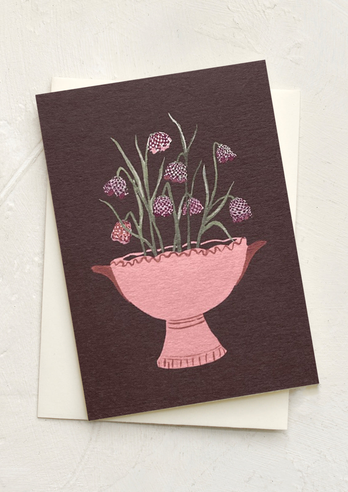 A mini greeting card in burgundy with illustration of frittalaria flowers in pot.