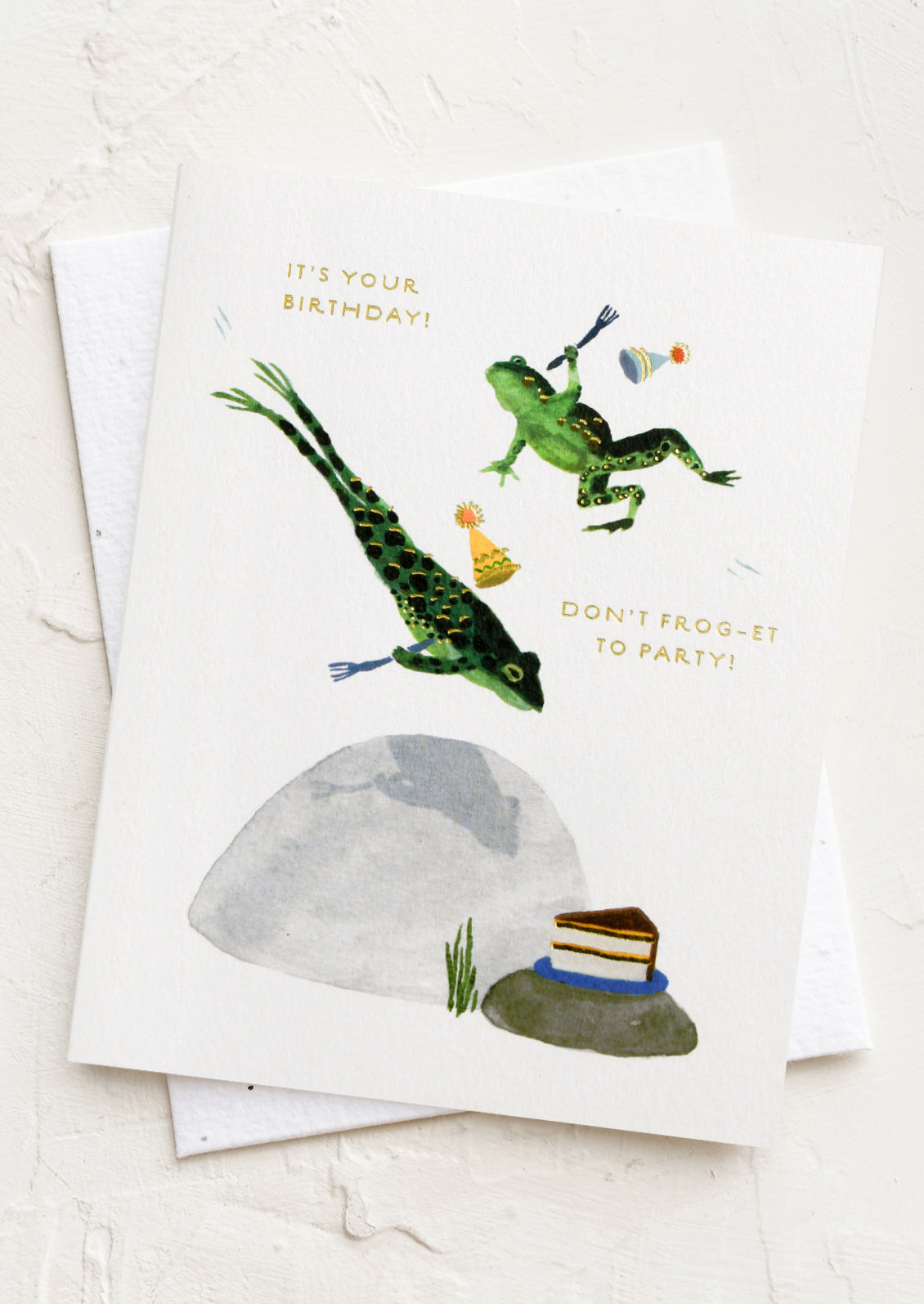 A frog print card, text reads "It's your birthday! Don't frog-et to party".