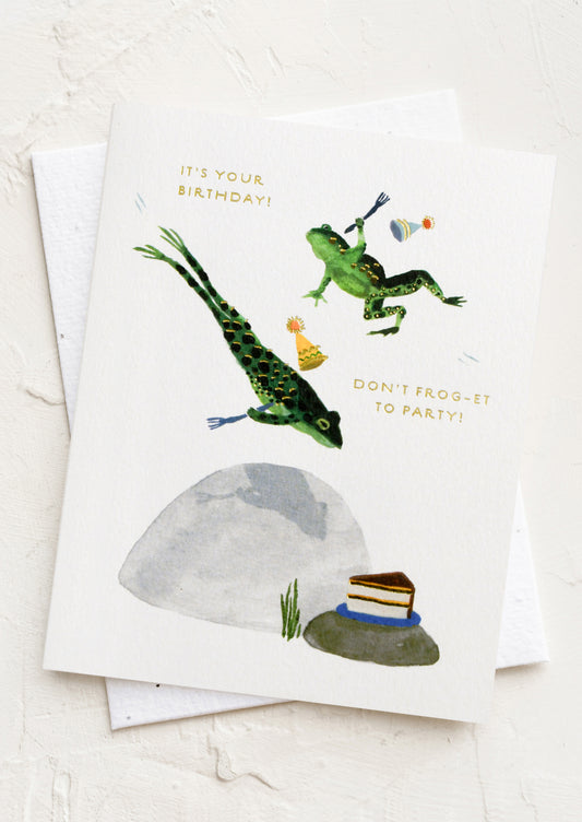 A frog print card, text reads "It's your birthday! Don't frog-et to party".