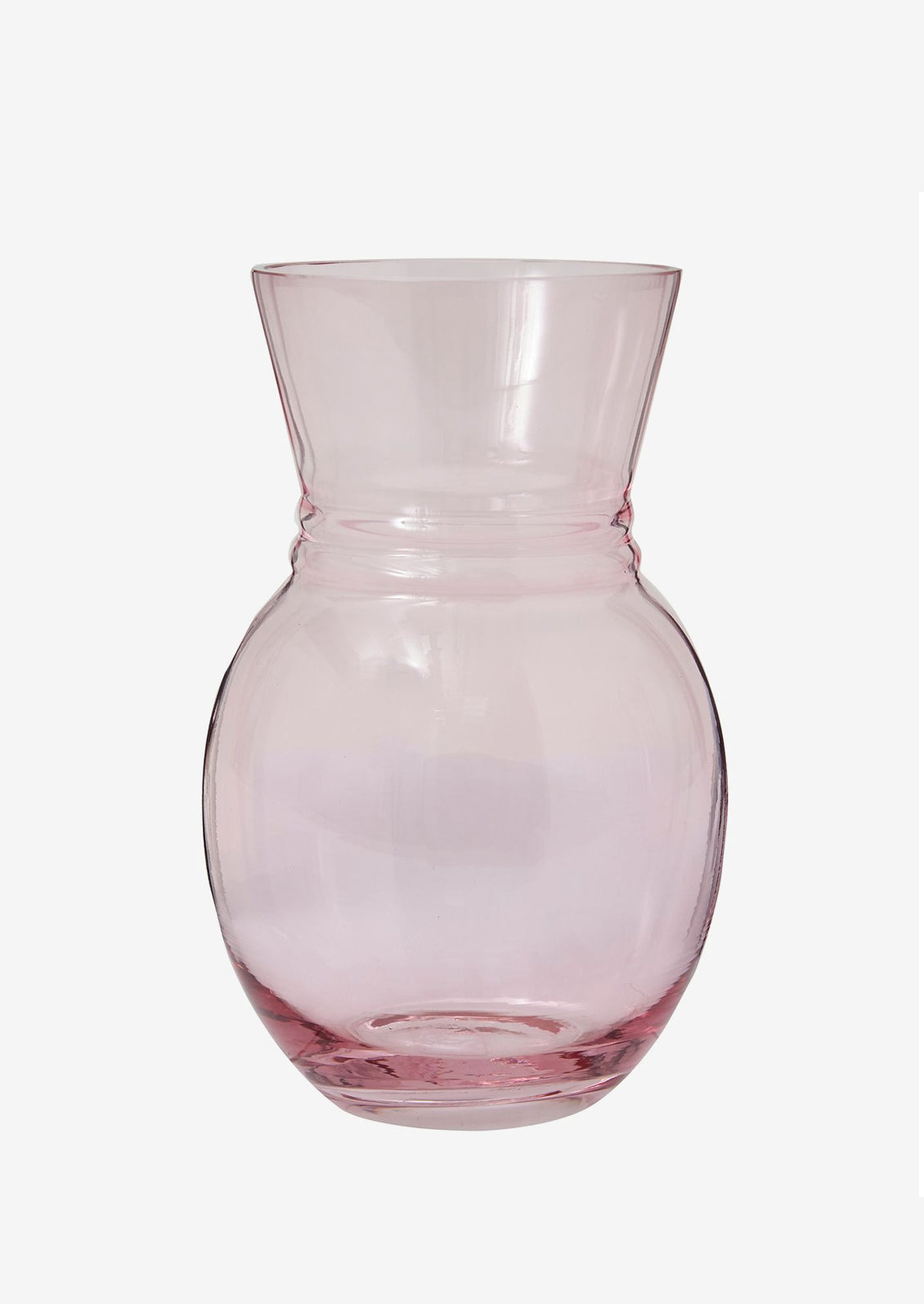 A pink tinted glass vase with pinched shape.