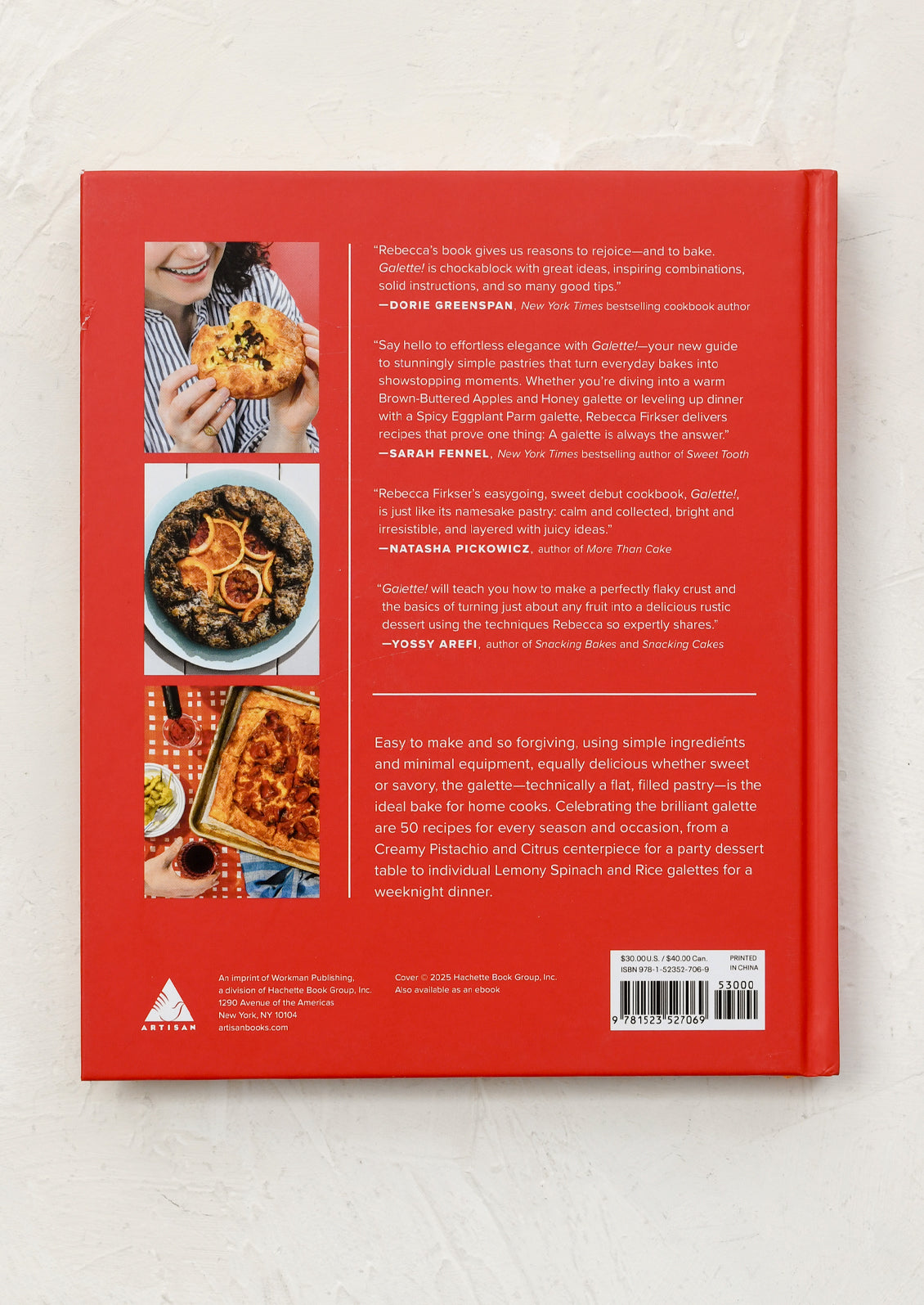 Book cover with red background and images of food on a white wall.