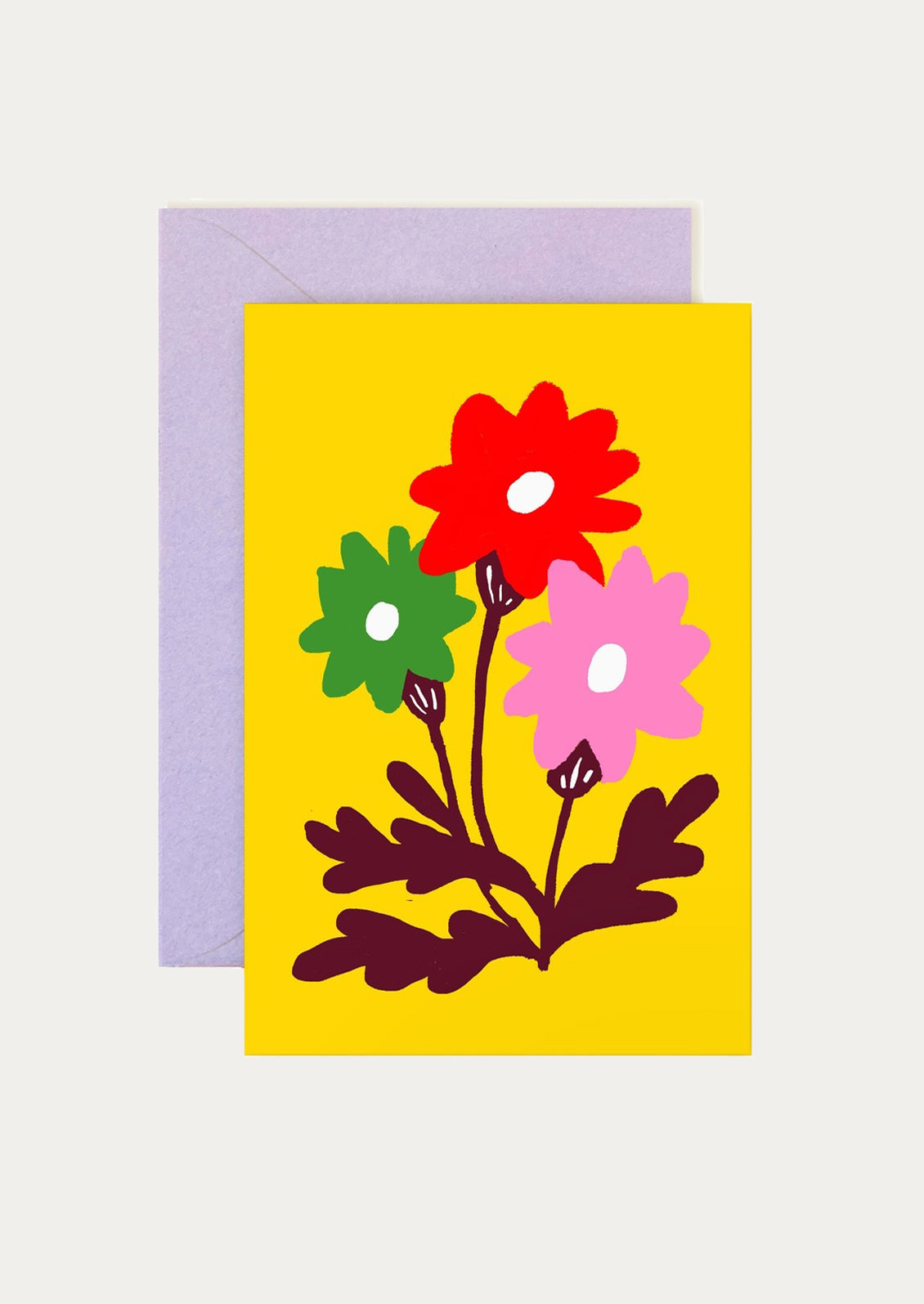 Floral card with a purple envelope on a white background