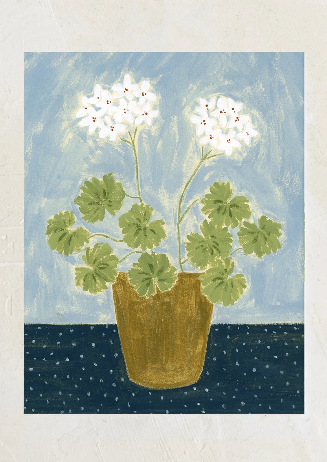 An art print depicting an illustration of white geraniums in a pot, on a blue background.