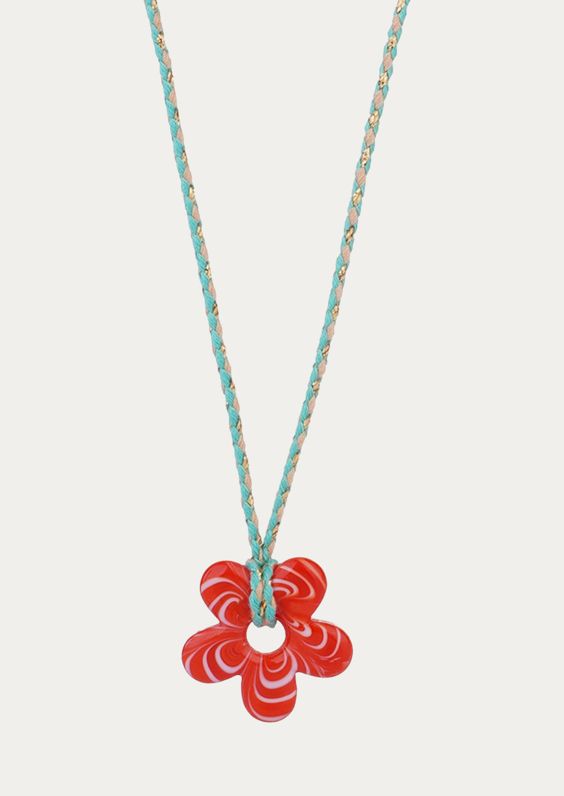 A blue and pink cotton rope necklace with a red glass flower pendant.