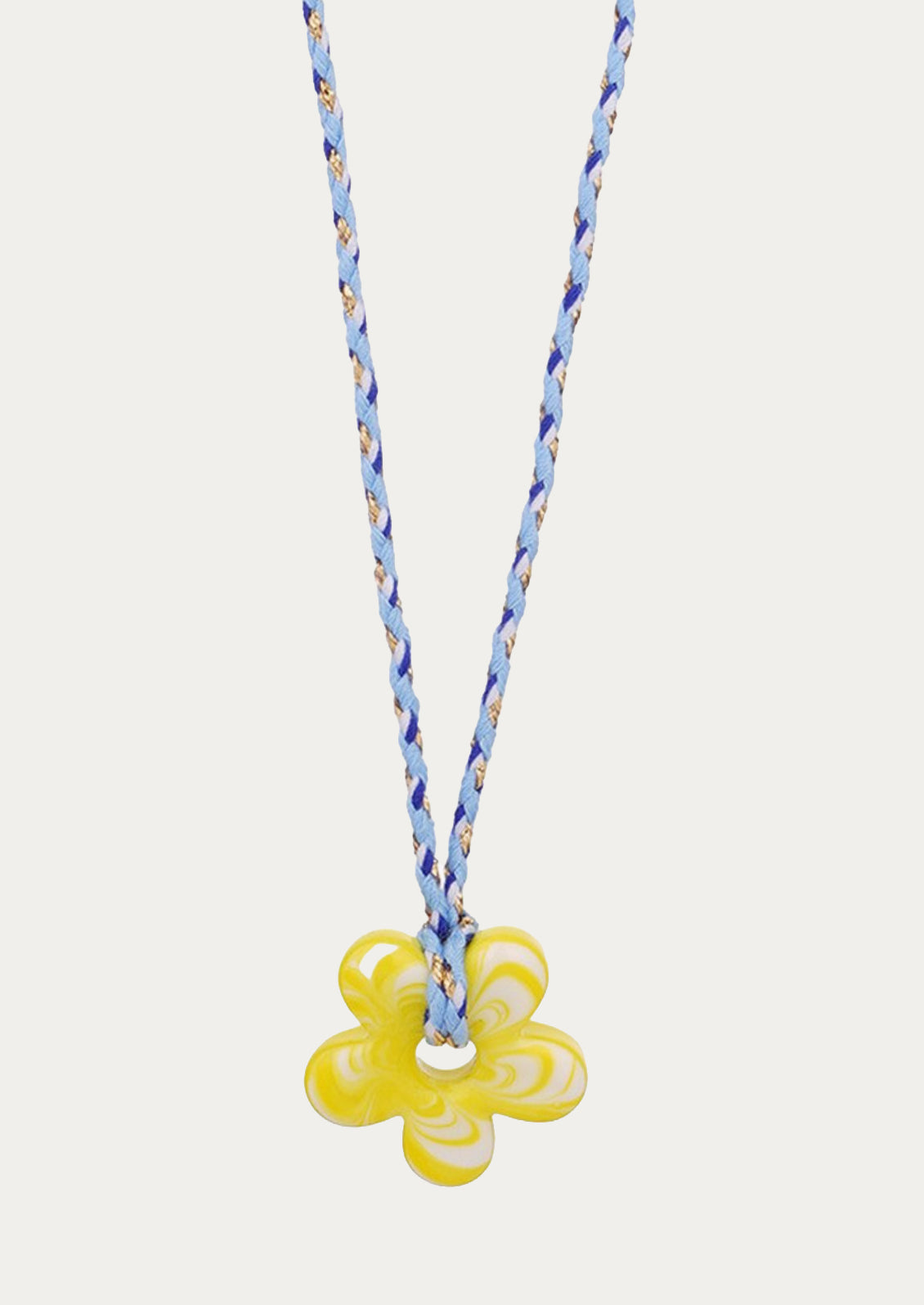 A blue and blue and gold cotton rope necklace with a yellow glass flower pendant.