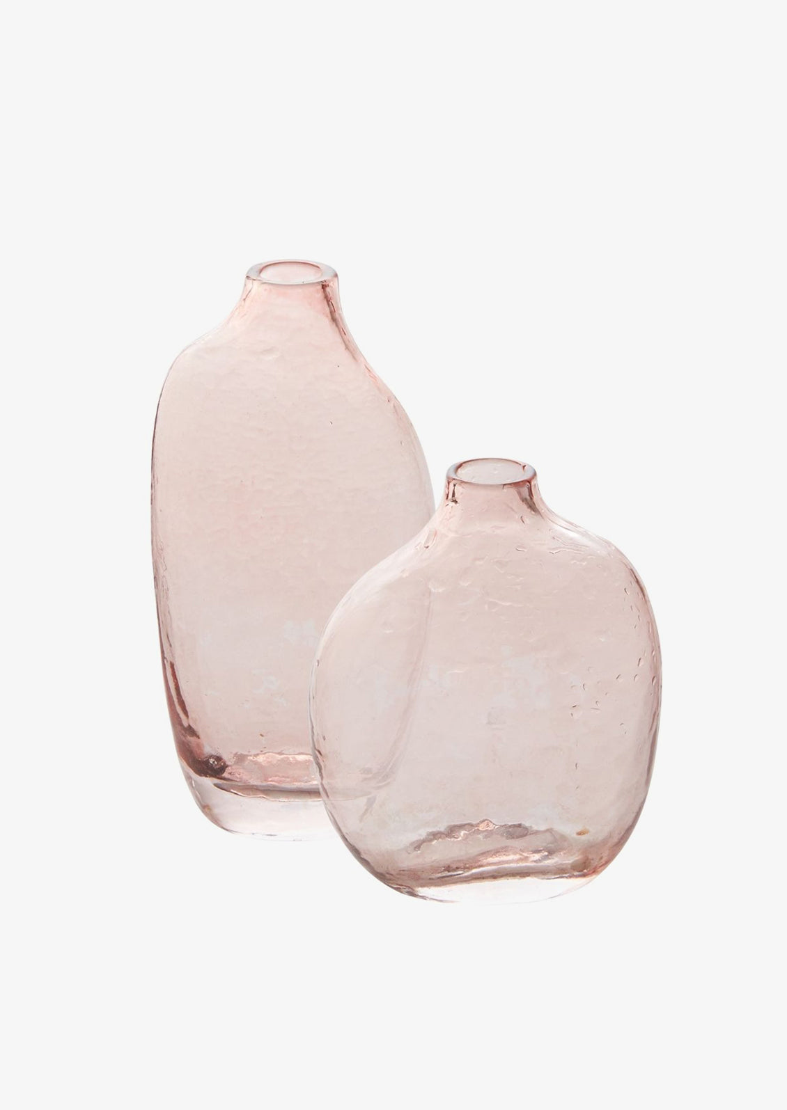 Clear pink glass bud vases in short and tall sizes.