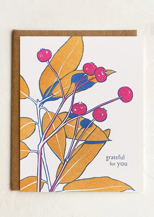 A floral print card, text reads "Grateful for you".