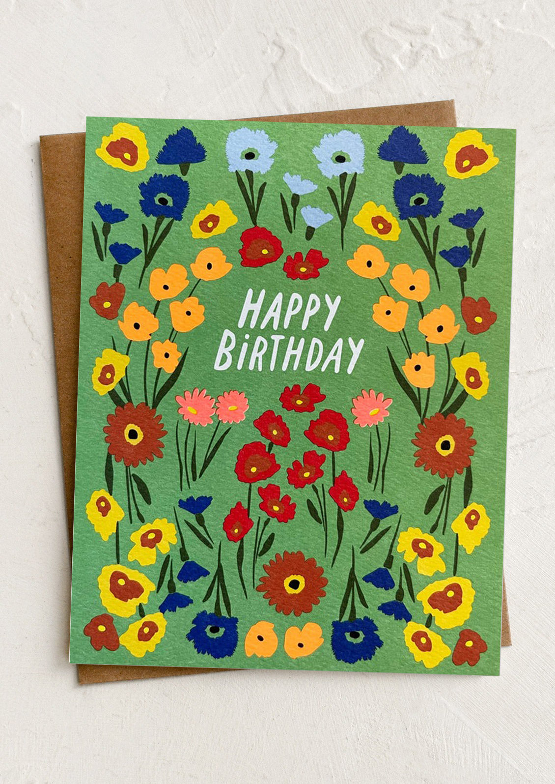 Colorful floral birthday card with 'Happy Birthday' text on a green background