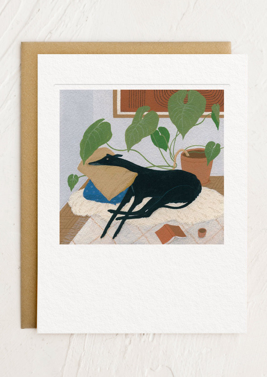 Greeting card with a black greyhound illustration.