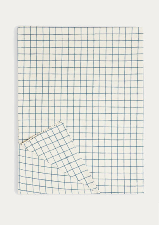 A tablecloth with white and blue grid pattern.