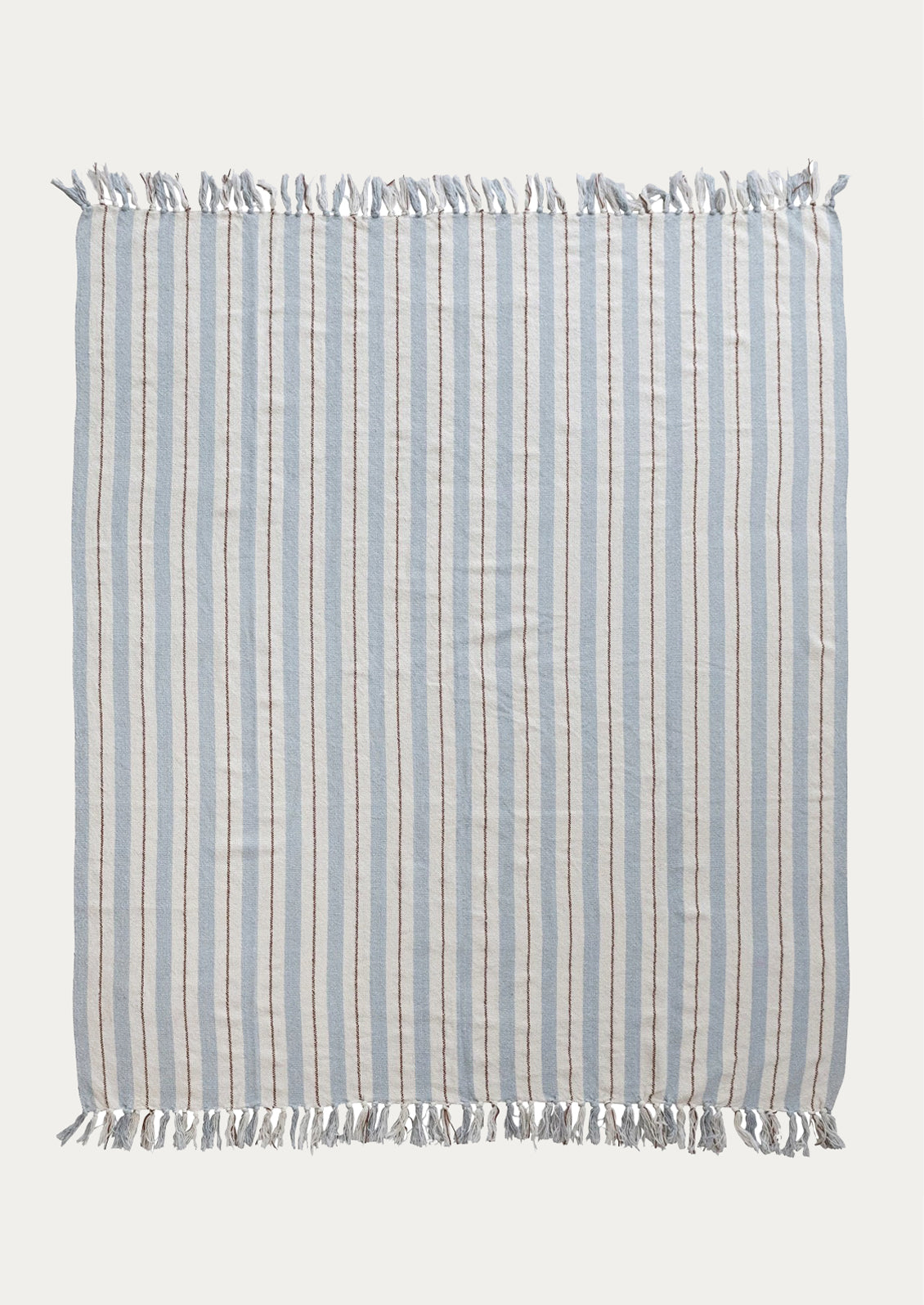 A blue and brown striped blanket with fringe trim.