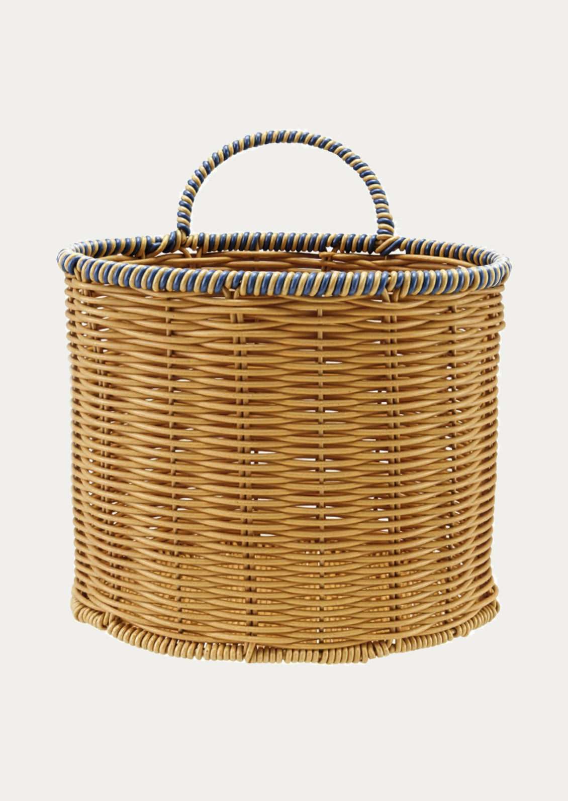 Wicker basket with a blue rim on a white background