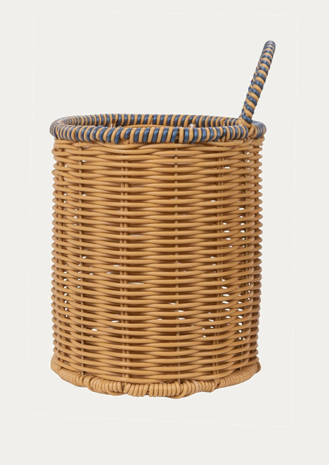 Wicker basket with a striped handle on a light gray background