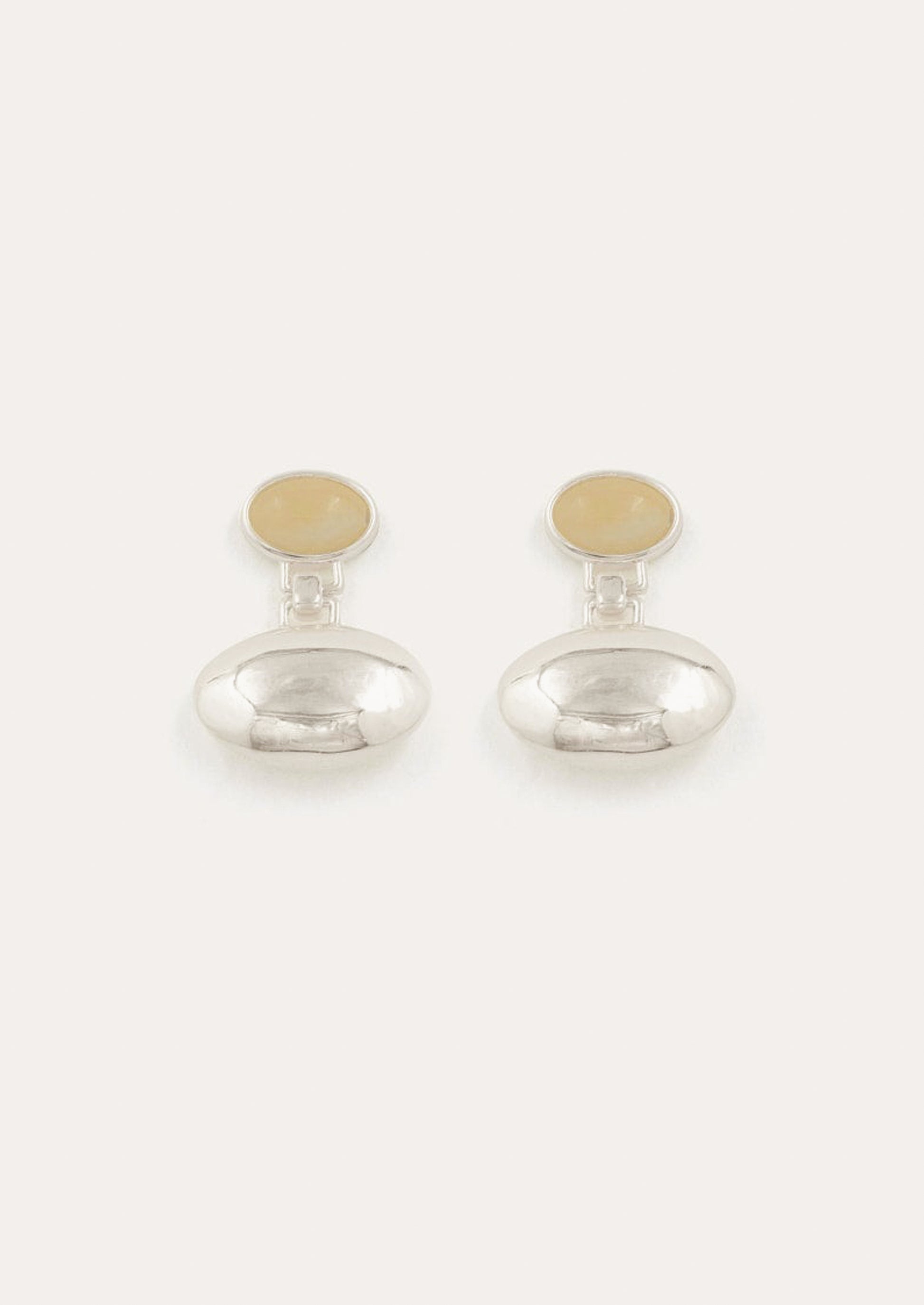 A pair of silver orb shaped earrings with honey topaz post.