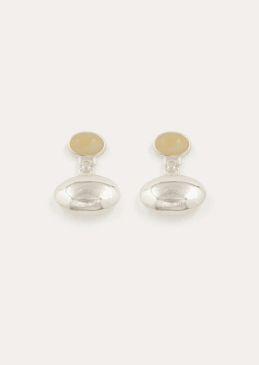 A pair of silver orb shaped earrings with honey topaz post.