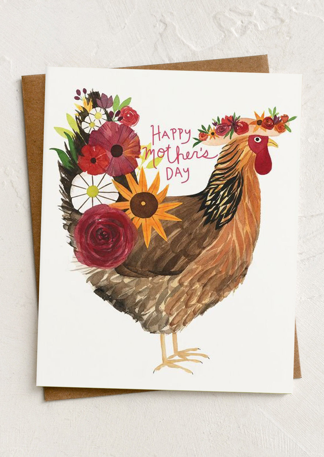 Mother's Day card with a rooster illustration and floral decorations on a white background.