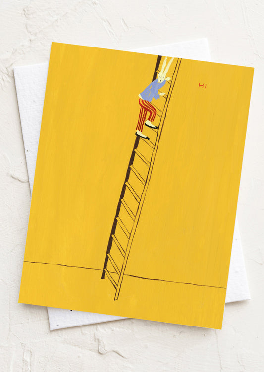 Yellow greeting card with a drawing of a person on a ladder and the word 'Hi' on a white background.