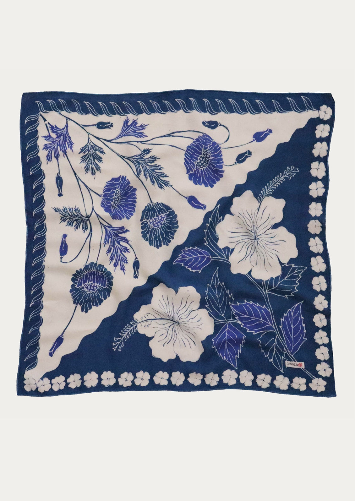 Navy and white floral patterned scarf.