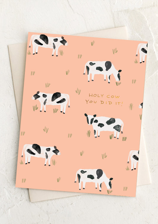 A pink cow print card, text reads "Holy Cow, you did it!".